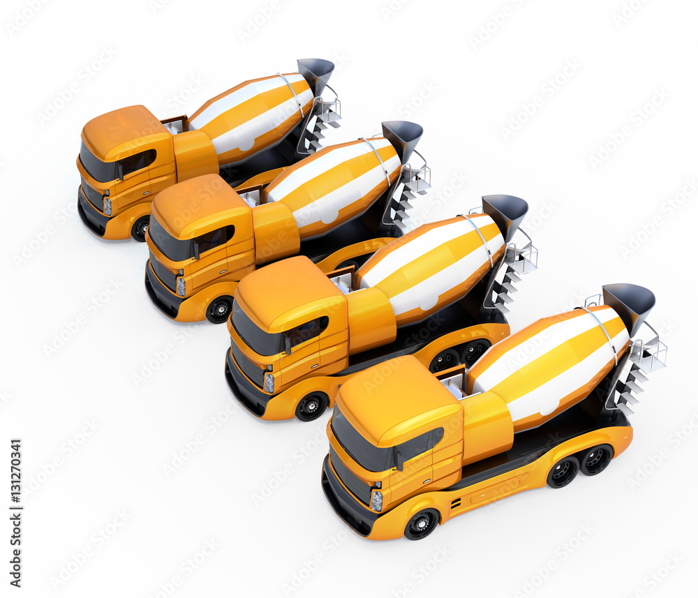 Fleet of concrete mixer trucks isolated on white background. 3D rendering image.