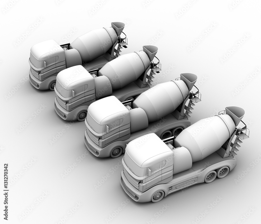 Clay rendering of concrete mixer trucks on white background. 3D rendering image.