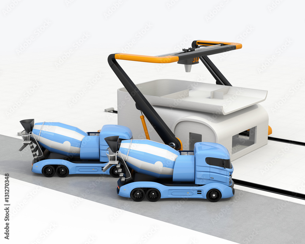 Concrete mixer trucks in the side of industrial 3D printer which printing house. 3D rendering image.