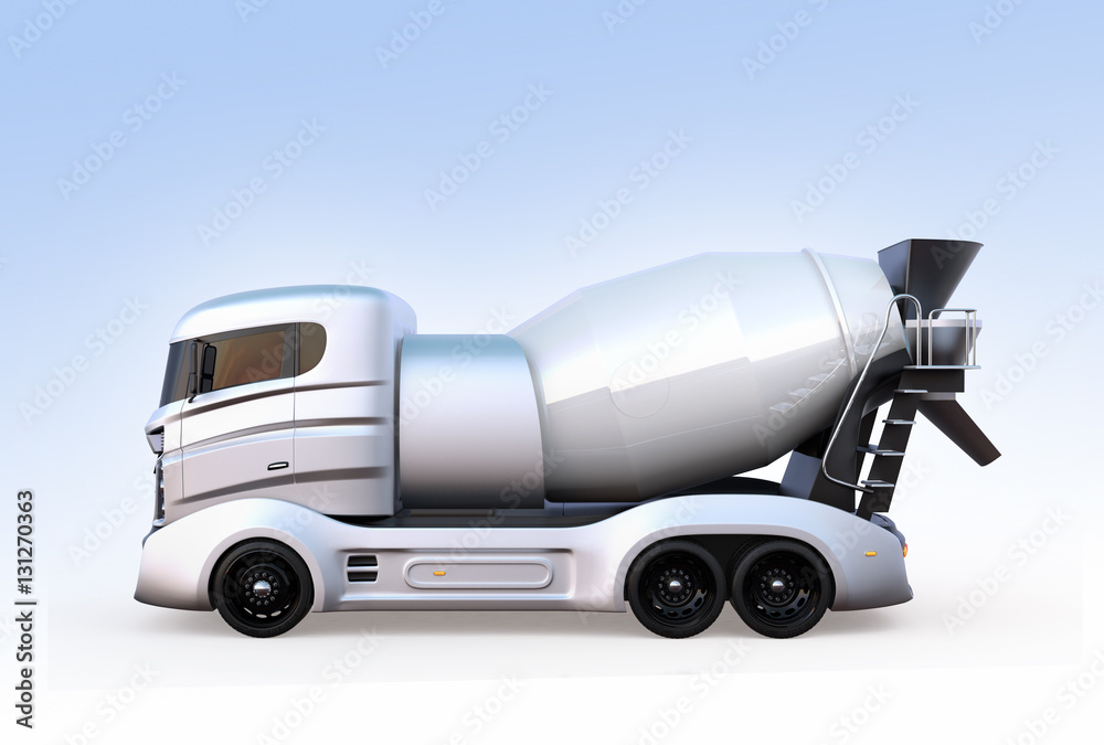 Side view of concrete mixer truck isolated on light blue background. 3D rendering image with clippin