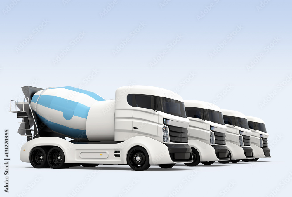 Fleet of concrete mixer trucks isolated on white background. 3D rendering image with clipping path.