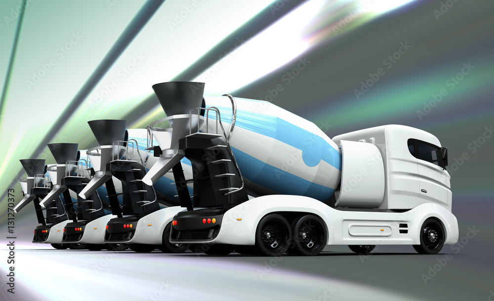 Rear view of concrete mixer trucks on dynamic texture background. 3D rendering image with clipping p