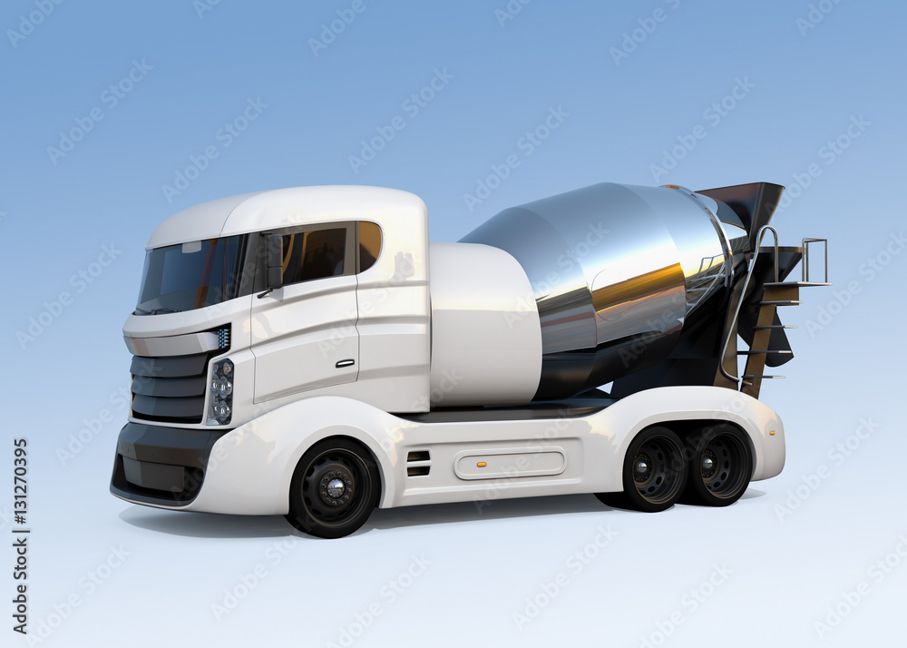 Concrete mixer truck isolated on light blue background. 3D rendering image with clipping path.