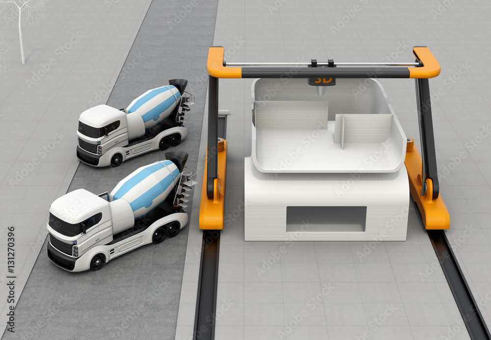 Concrete mixer trucks in the side of industrial 3D printer which printing house. 3D rendering image.