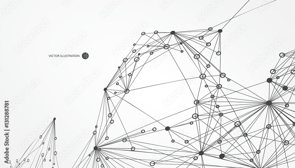 Dotted lines connected to the abstract graphics, network connections.