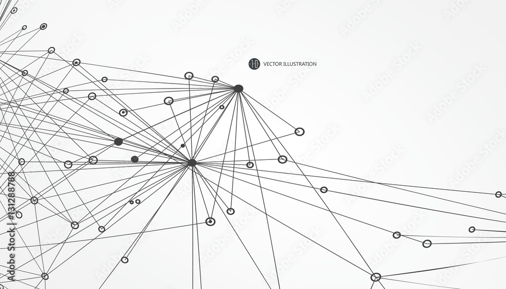 Dotted lines connected to the abstract graphics, network connections.