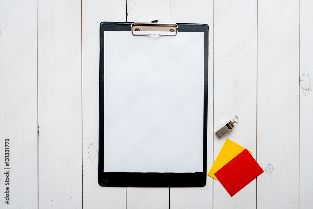 concept refereeing sport on wooden background top view mock up