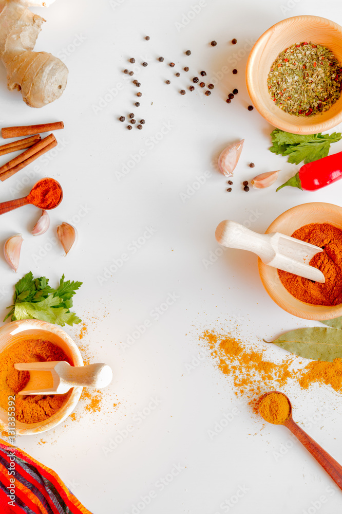 spices in wooden bowl white background top view