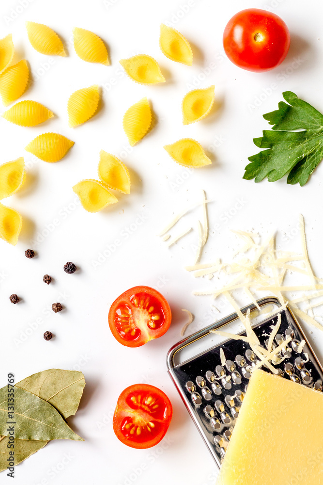 ingredients for cooking paste on white background top view