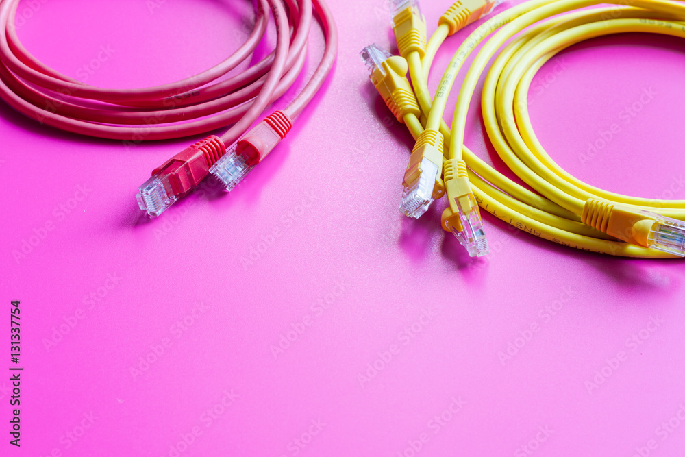 concept network internet cable on pink background close up