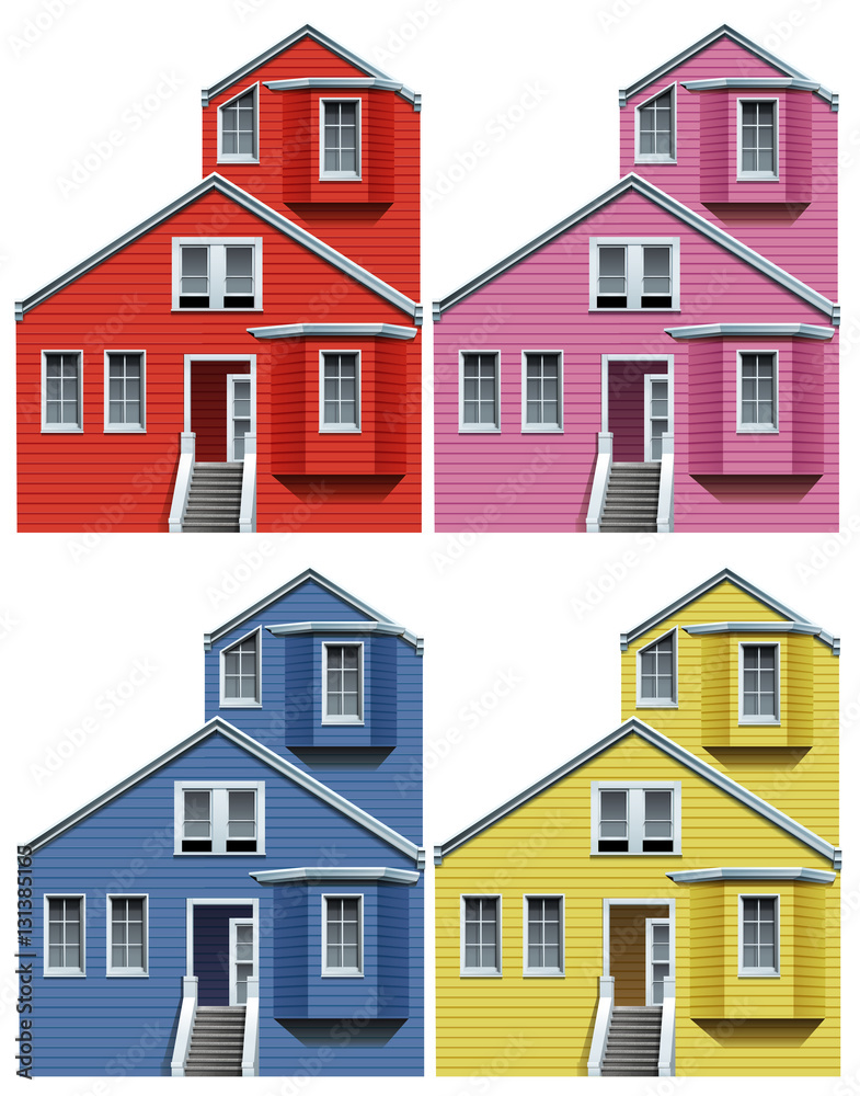 Wooden house in four colors