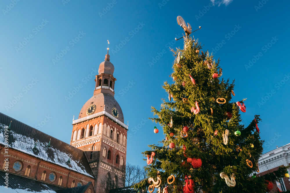 Christmas Market On Dome Square With Riga Dome Cathedral In Riga