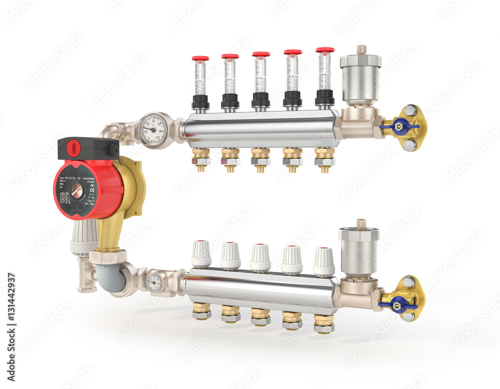 Collector, manifold, heating system for underfloor heating. 3d i