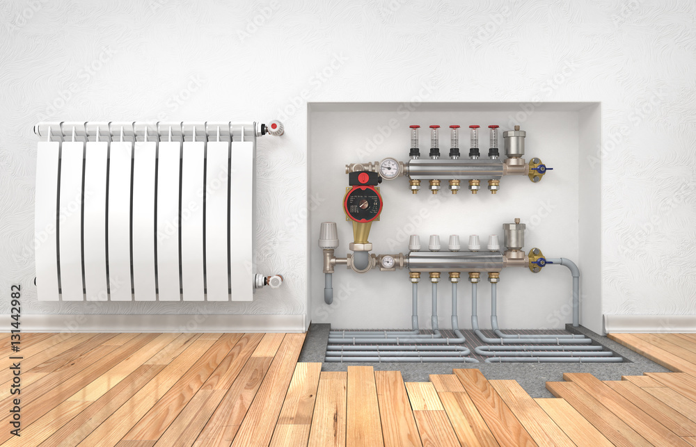 Heating concept. Underfloor heating with collector in the room.