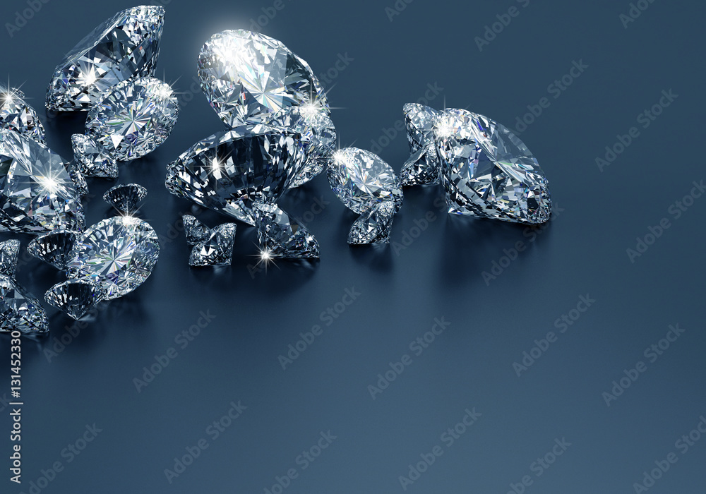 Diamonds group placed on blue  background, 3d illustration.