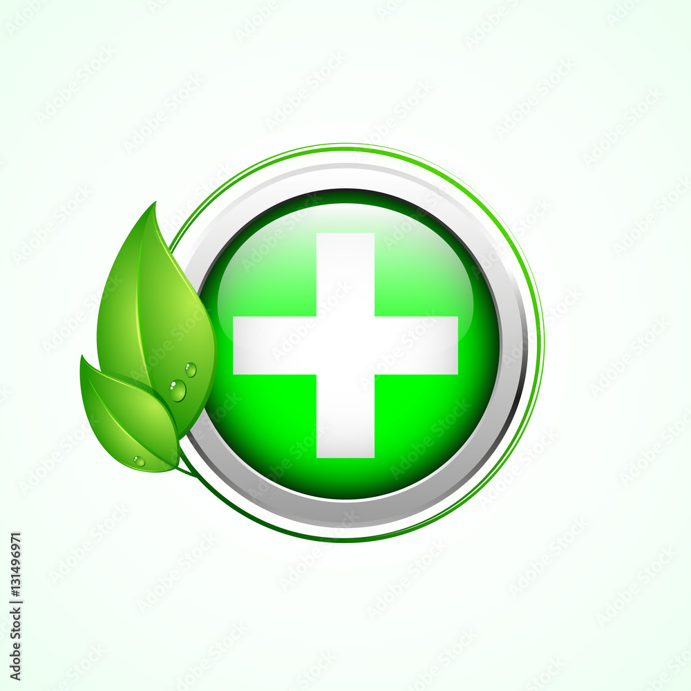 Pharmacy sign with green leaves frame, medical logo