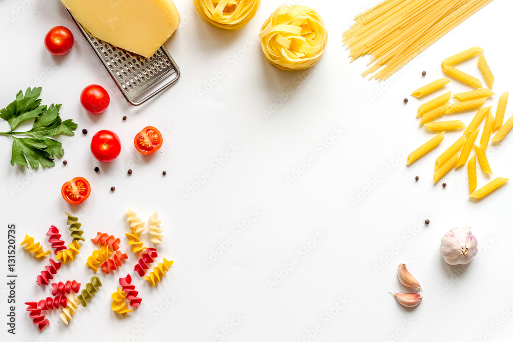 ingredients for cooking paste white background top view mock up