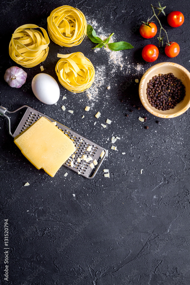 ingredients for cooking paste dark background top view mock up