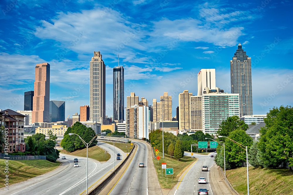 atlanta downtown skyline with blue sky