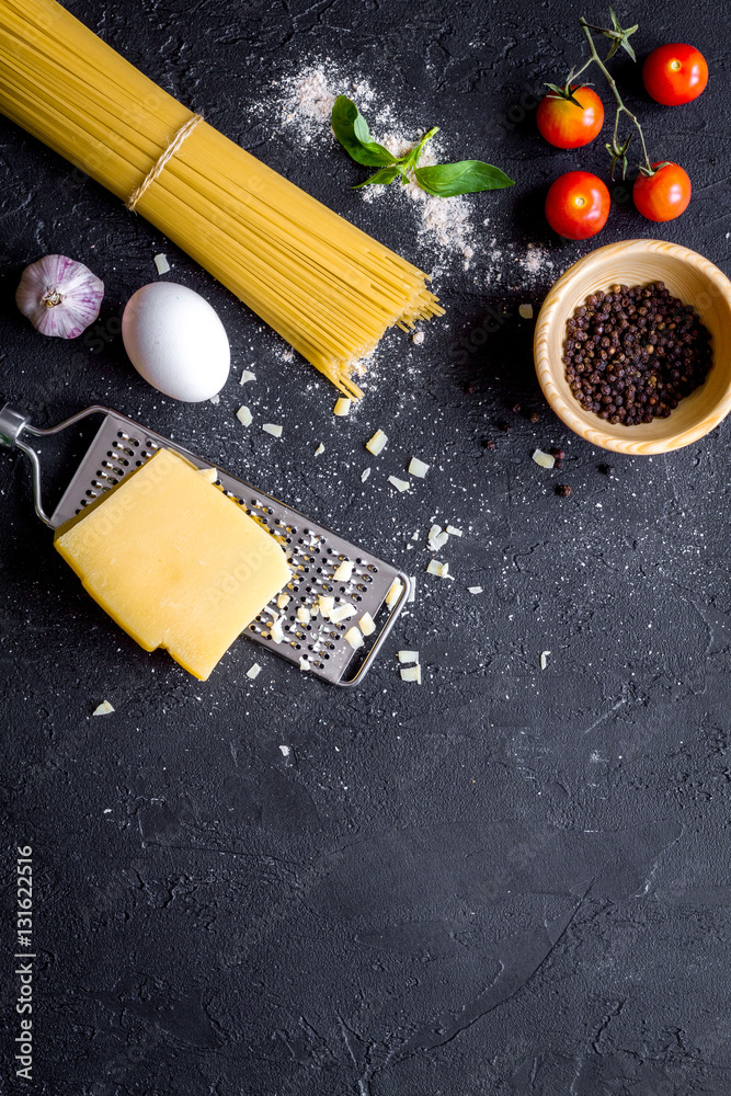 ingredients for cooking paste dark background top view mock up