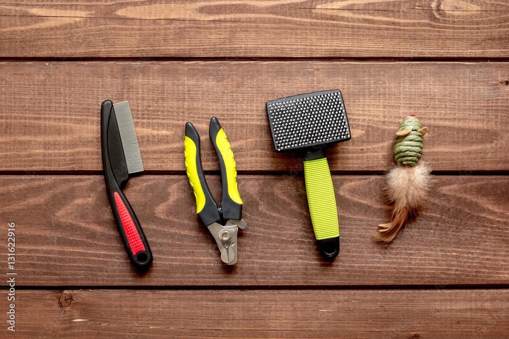 concept pet grooming on wooden background top view