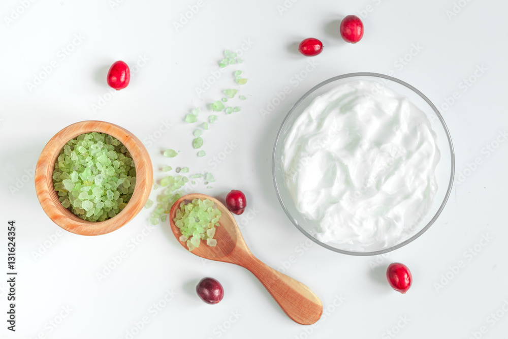 organic cosmetics with extracts of berries white background top view