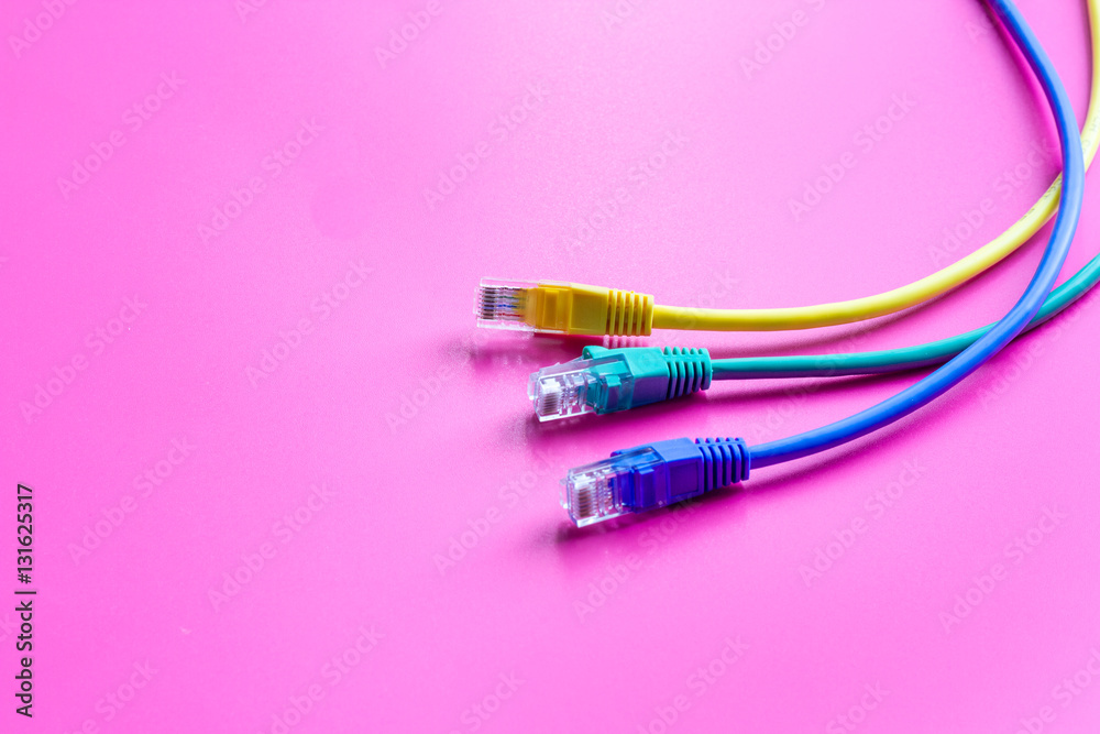 concept network internet cable on pink background close up