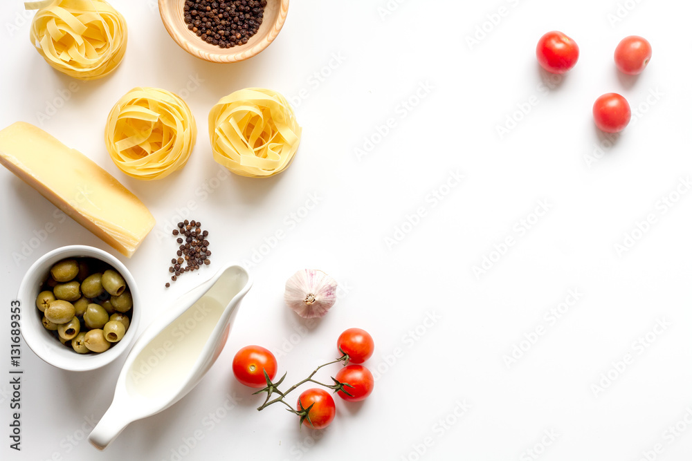 ingredients for cooking paste white background top view mock up