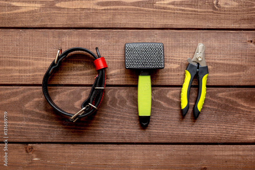 concept pet grooming on wooden background top view