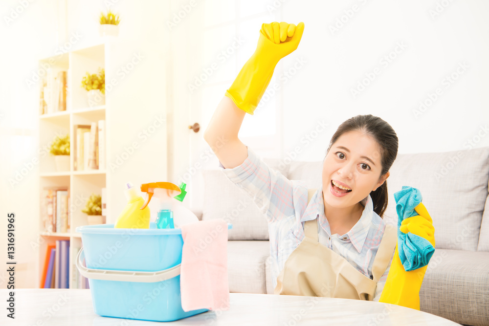 Happy woman celebrate finished cleaning