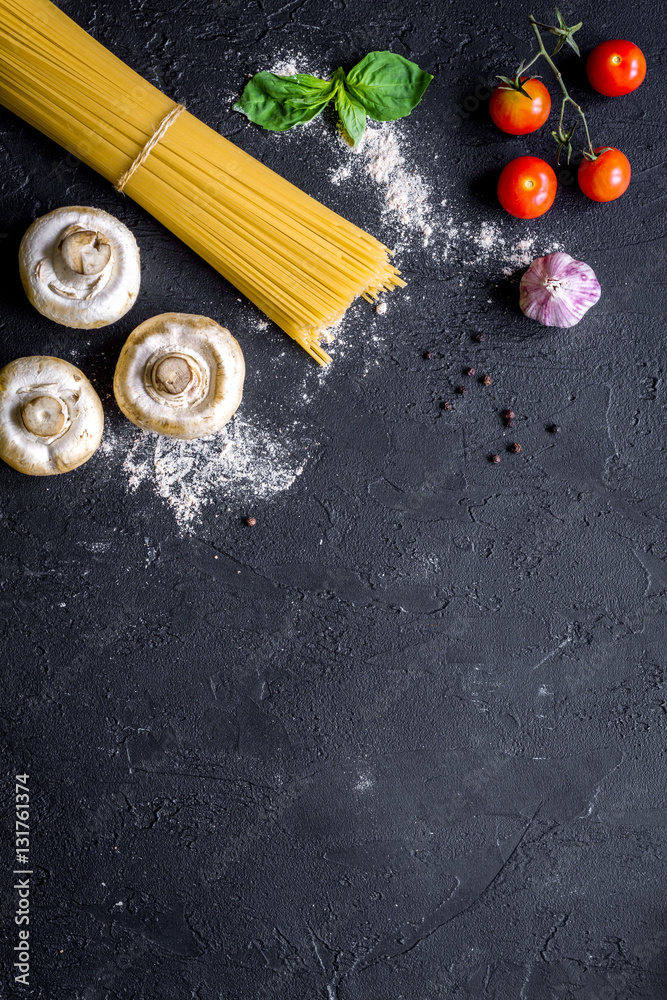 ingredients for cooking paste dark background top view mock up