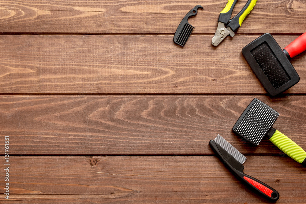 concept pet grooming on wooden background top view