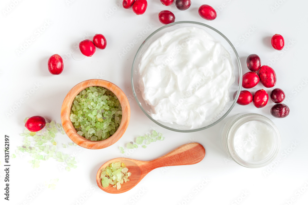 organic cosmetics with extracts of berries white background top view