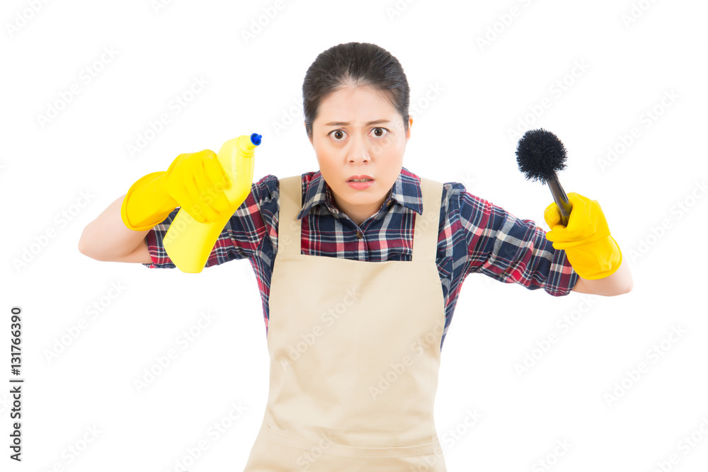 confidence woman holding toilet brush