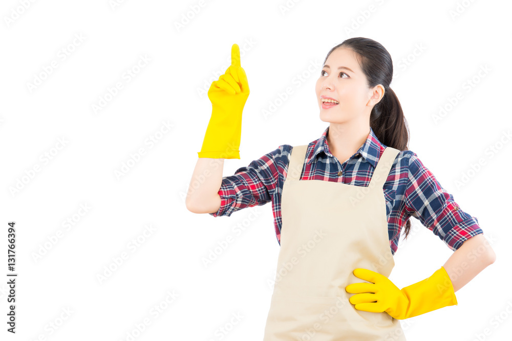 girl with rubber gloves showing pointing up