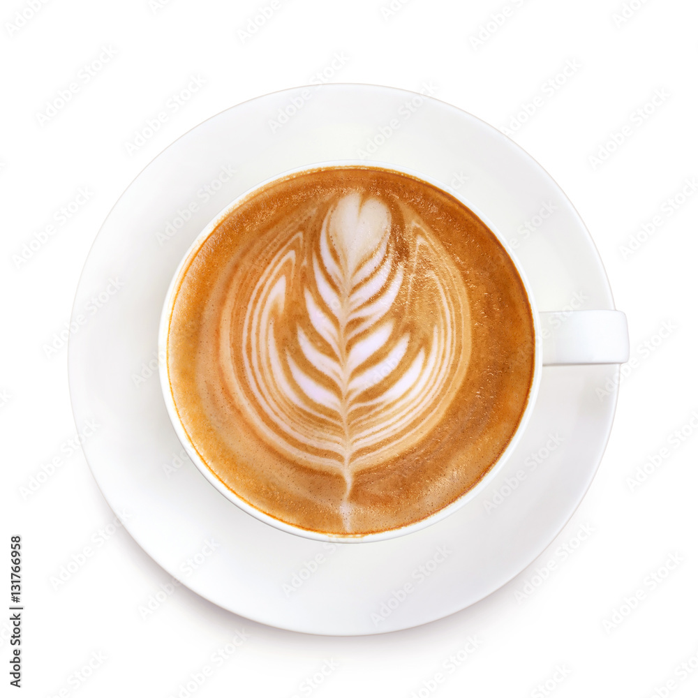 Top view latte art coffee on white background