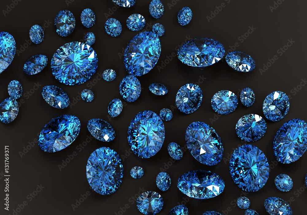 Blue diamonds placed on black background, 3D illustration.