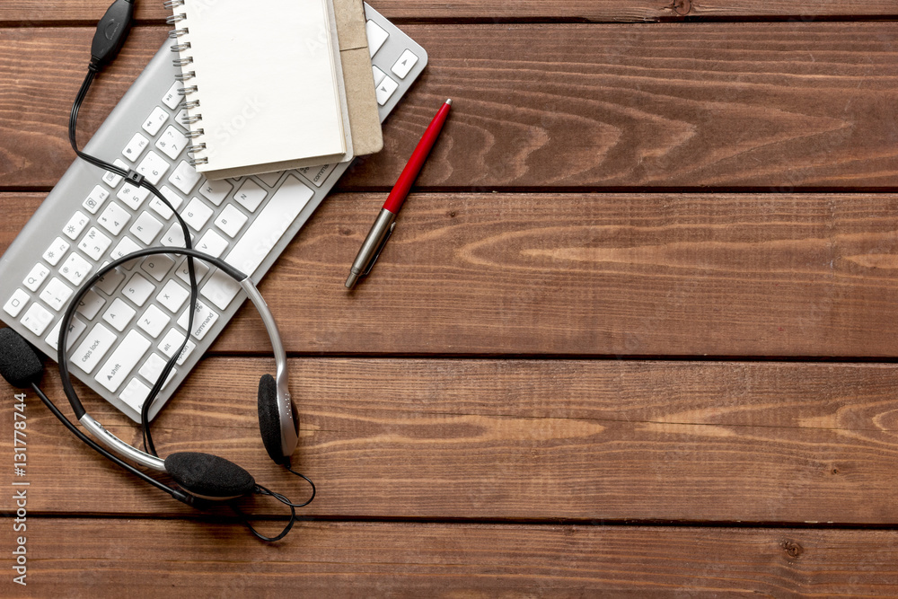 call center manager desktop top view wooden background