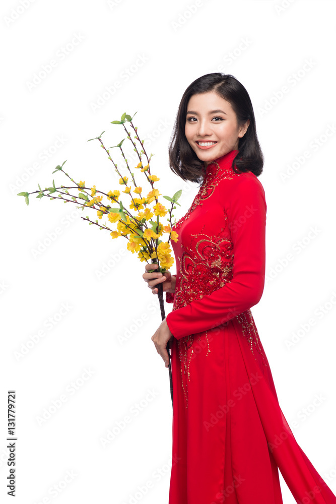 Portrait of a beautiful Asian woman on traditional festival costume.