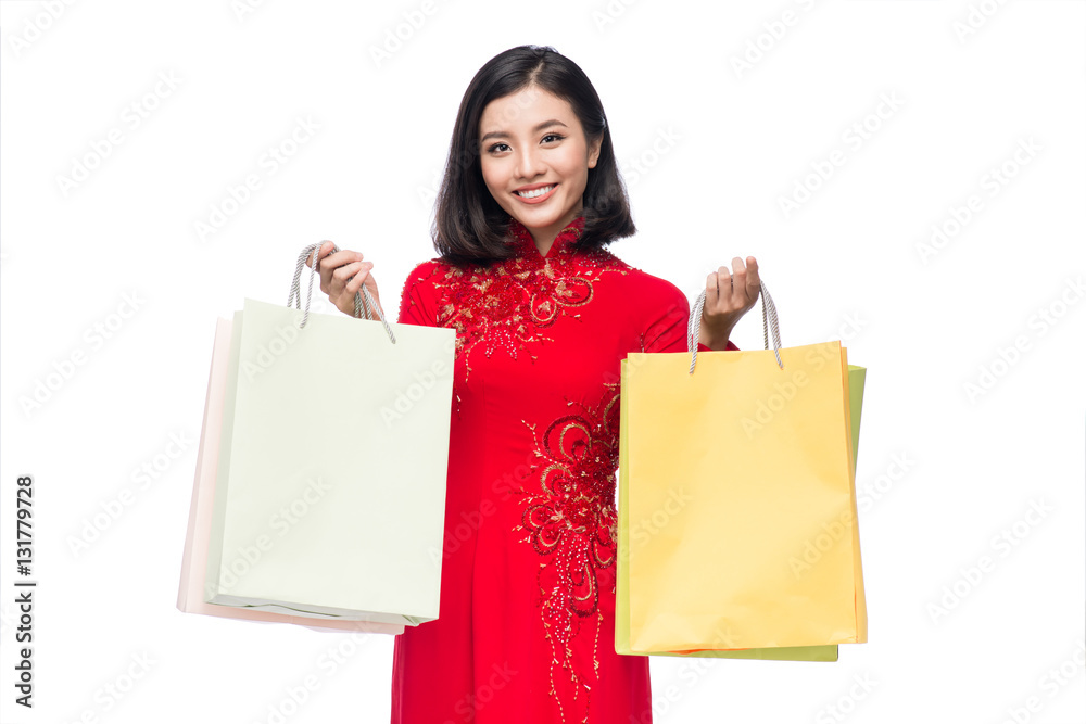 Portrait of a beautiful Asian woman on traditional festival costume.