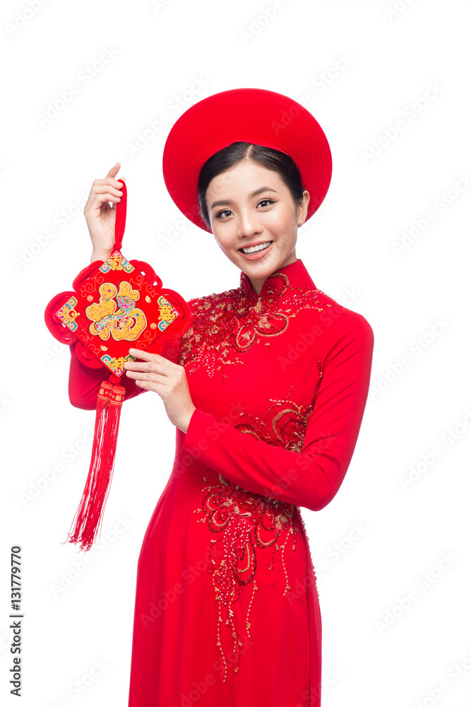 Portrait of a beautiful Asian woman on traditional festival costume.