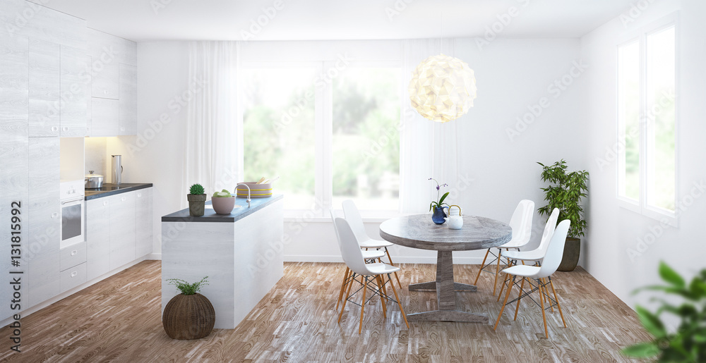 Cucina in legno bianco moderno con isola e parquet