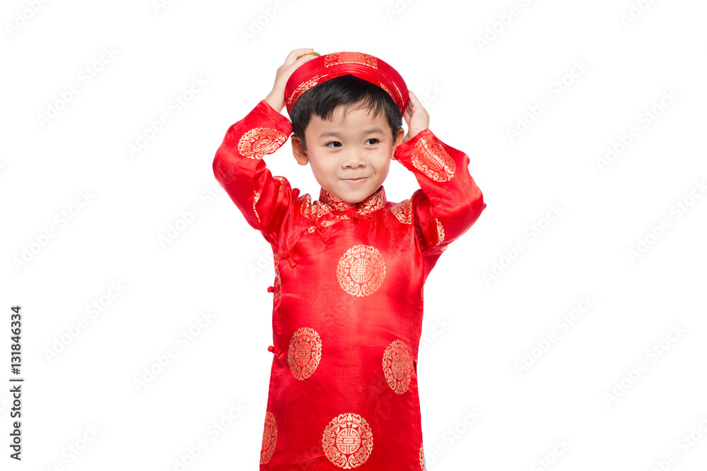 Portrait of a handsome Asian baby boy on traditional festival co