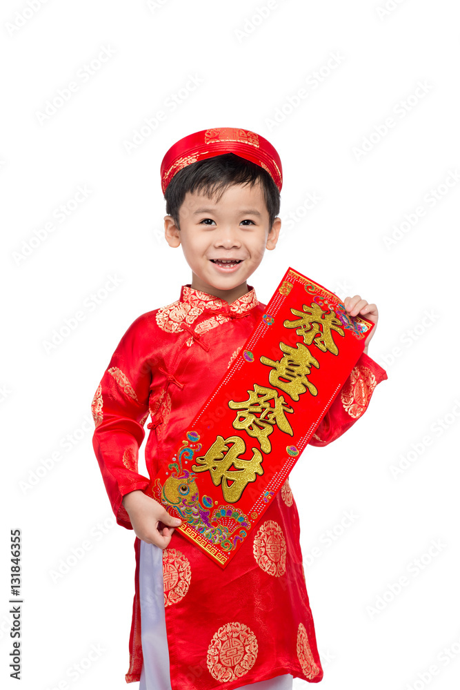 Vietnamese Boy Kid congratulating with his New Year. Happy Lunar