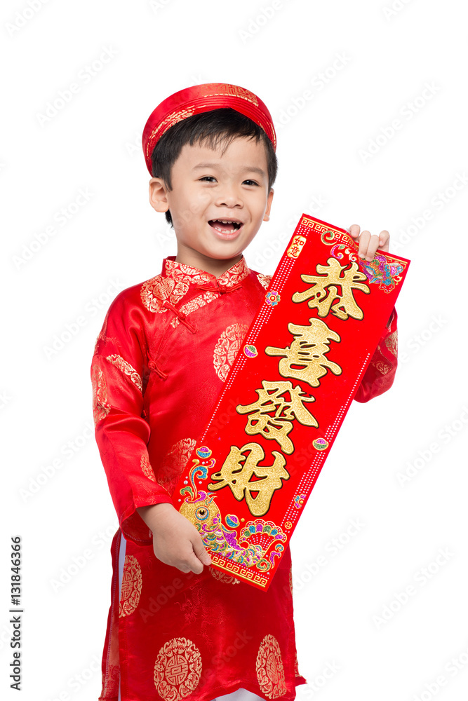 Vietnamese Boy Kid congratulating with his New Year. Happy Lunar