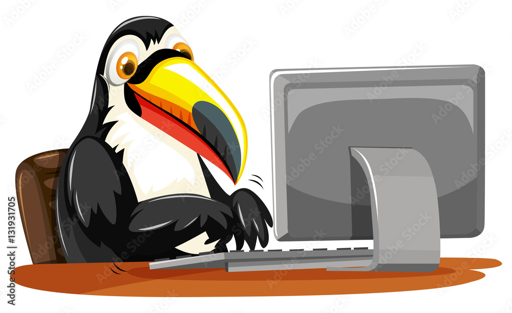 Toucan typing on keyboard