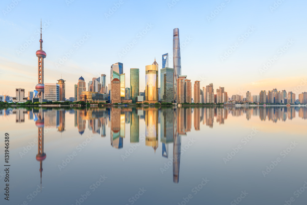 Shanghai skyline on the Huangpu River at dusk,China