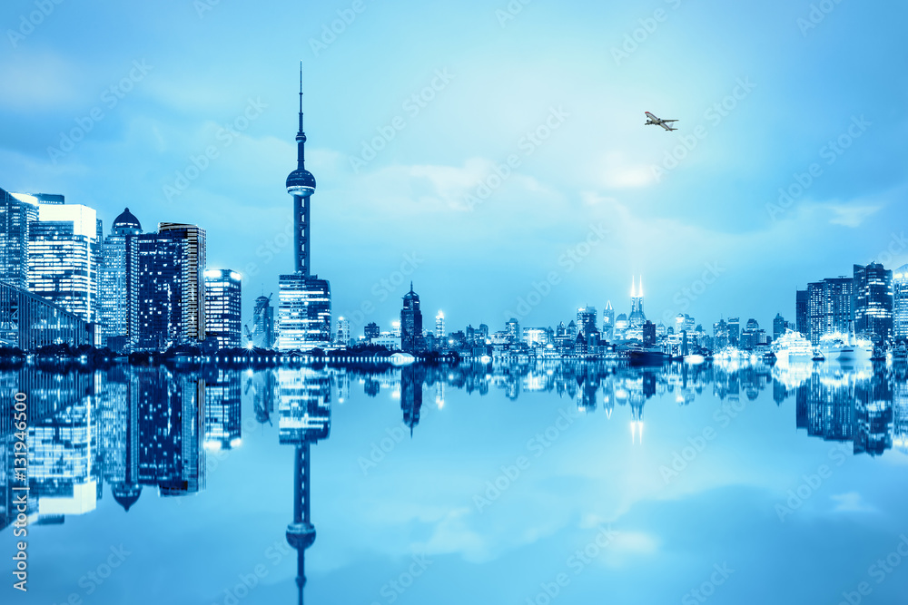 Shanghai skyline on the Huangpu River at night,China