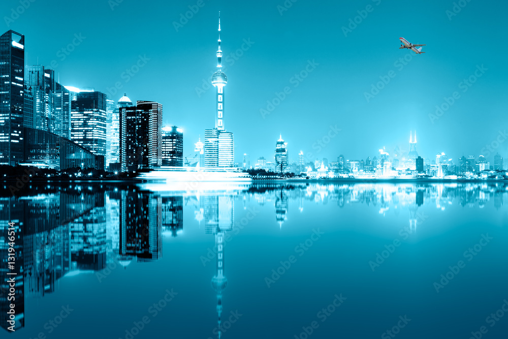 Shanghai skyline on the Huangpu River at night,China