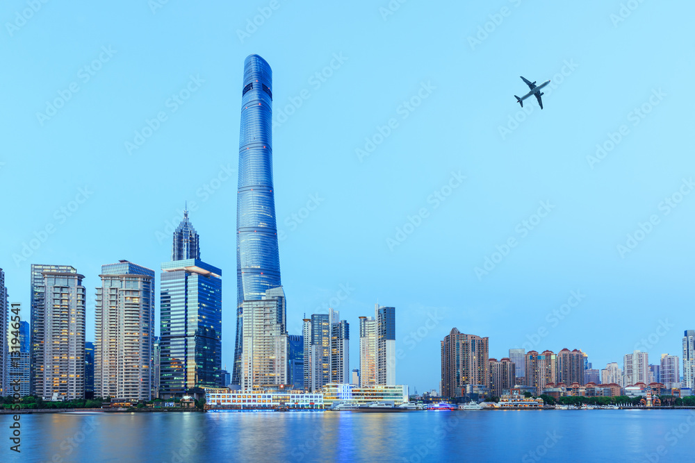 Shanghai skyline on the Huangpu River at dusk,China